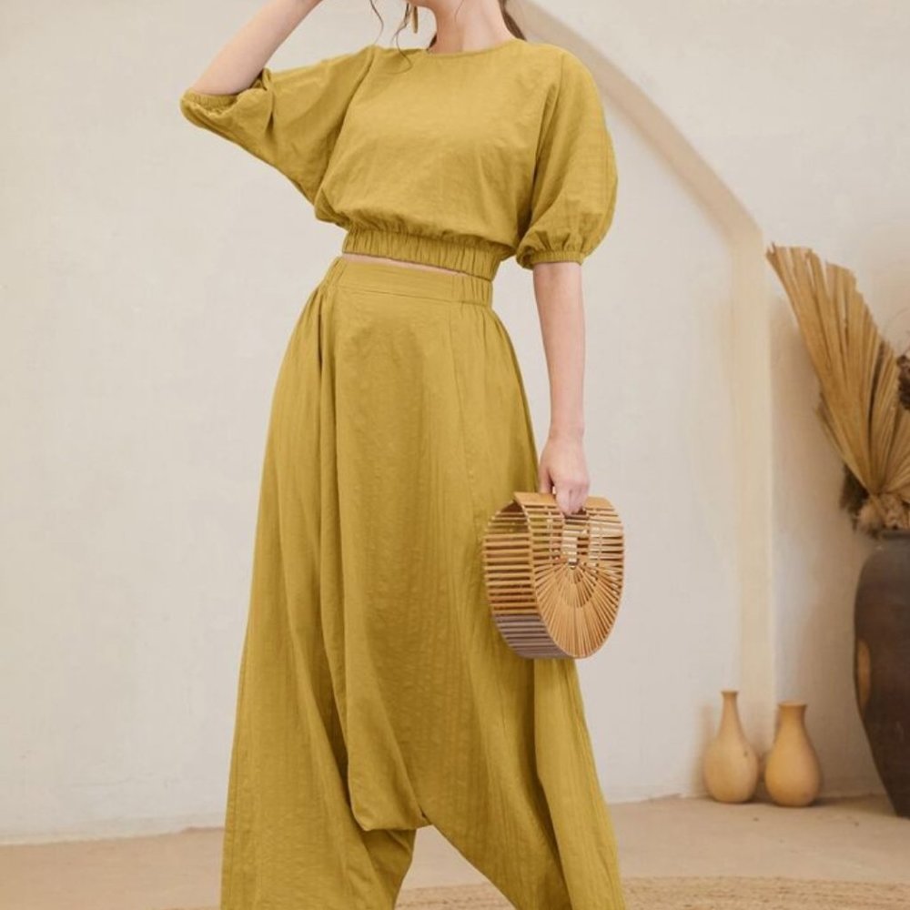 SHEIN puff sleeve top and drop crotch pant set co ord